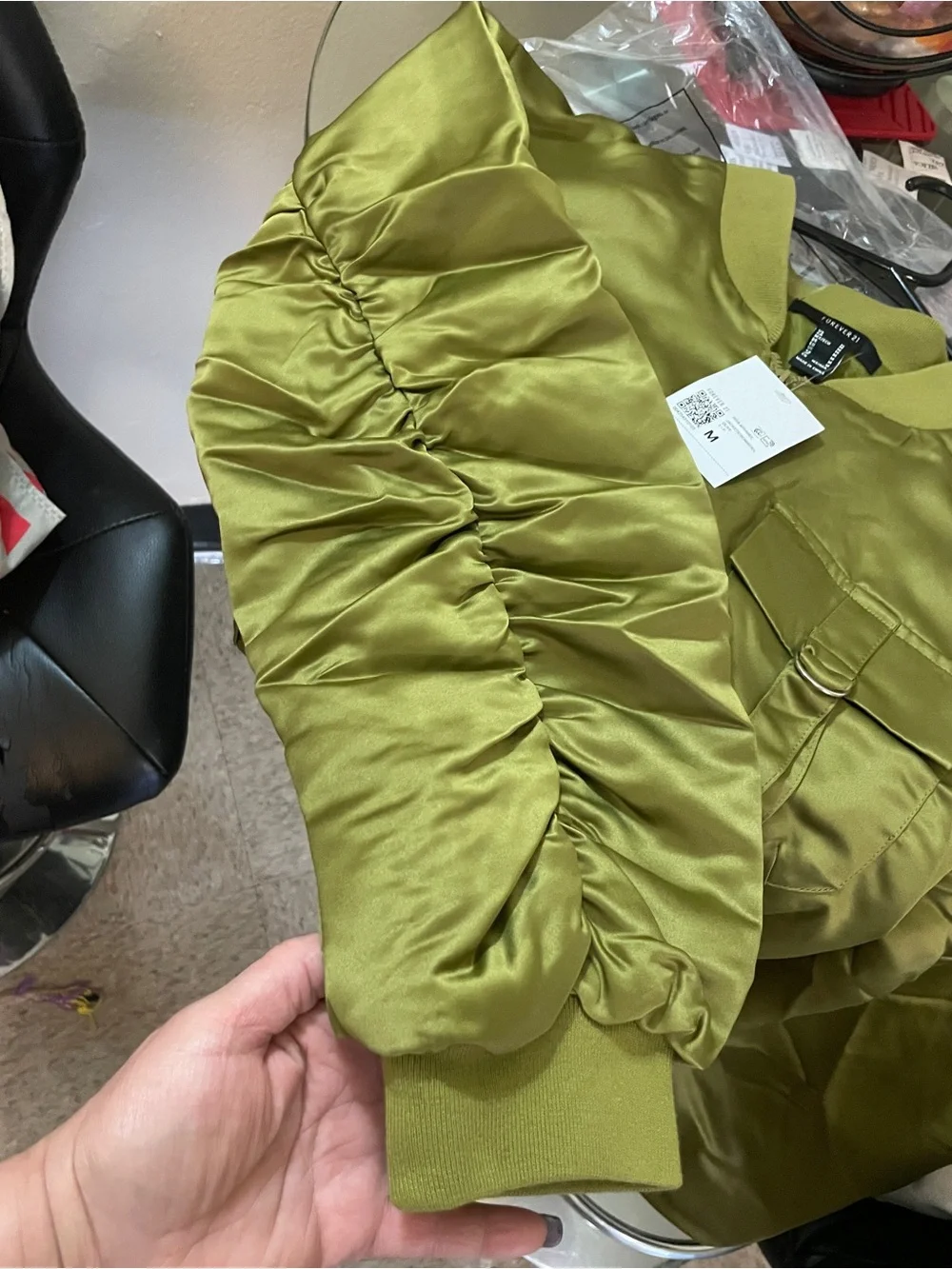 Forever 21 Olive Satin Cropped Bomber Jacket - Picture 7 of 7